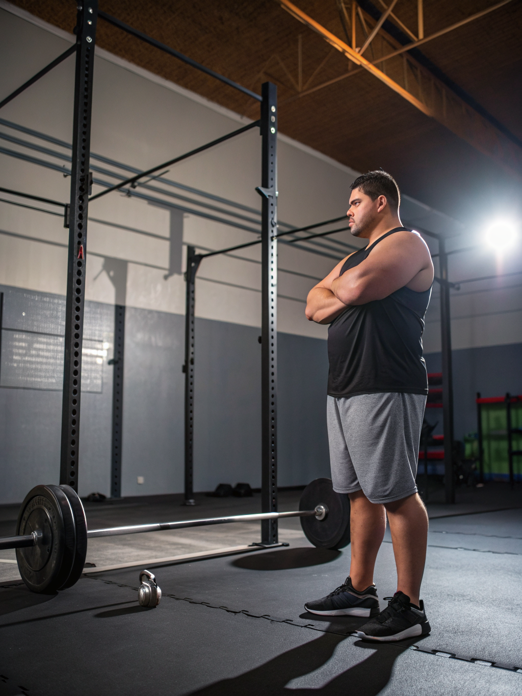 Angelo training intensely in black and white