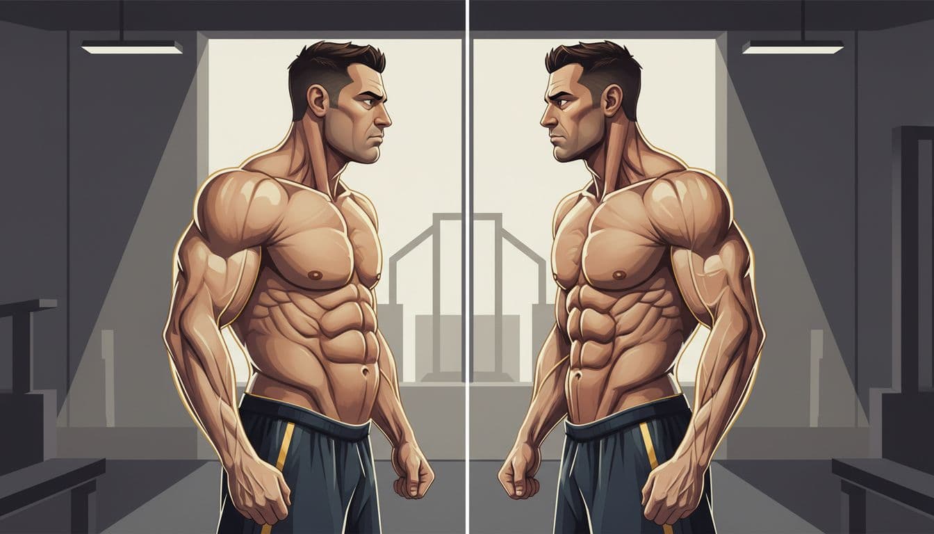 Split-profile illustration of a mid-30s muscular bodybuilder in a gym mirror, left side showing puffy face and swollen midsection from high estrogen water retention, contrasting with lean dry right side. Modern style with high-contrast lighting, dramatic shadows, and gold muscle highlights for a premium coaching aesthetic.