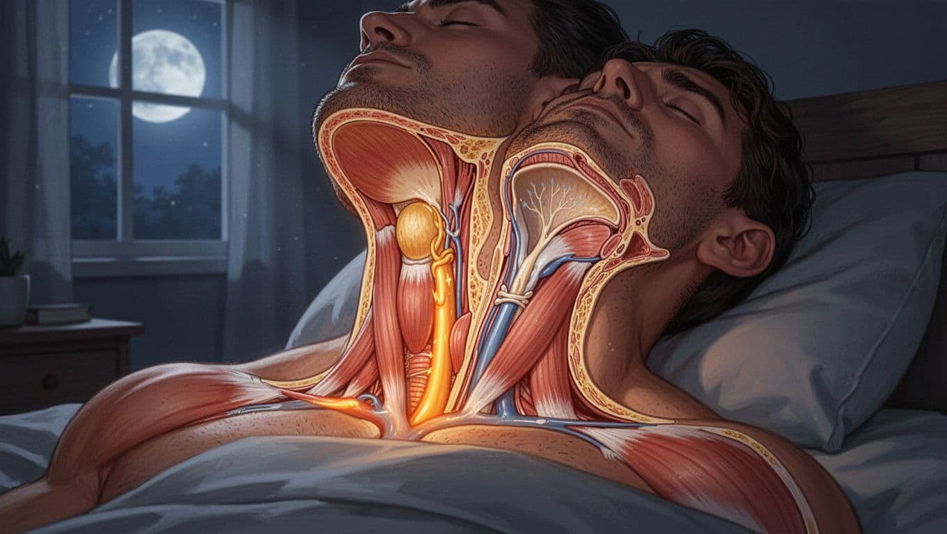 Cross-section view of a thick muscular male neck during sleep, illustrating airway collapse due to muscle weight blocking oxygen flow, with a healthy airway comparison. Modern illustration in a nighttime bedroom setting, focusing closely on the neck and throat.