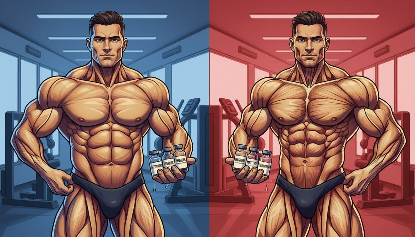 A muscular bodybuilder in a modern gym with split composition: left side holding wet compounds Testosterone, Dianabol, Anadrol showing water retention; right side dry compounds Winstrol, Masteron, Trenbolone for lean look, dramatic lighting and gold highlights.