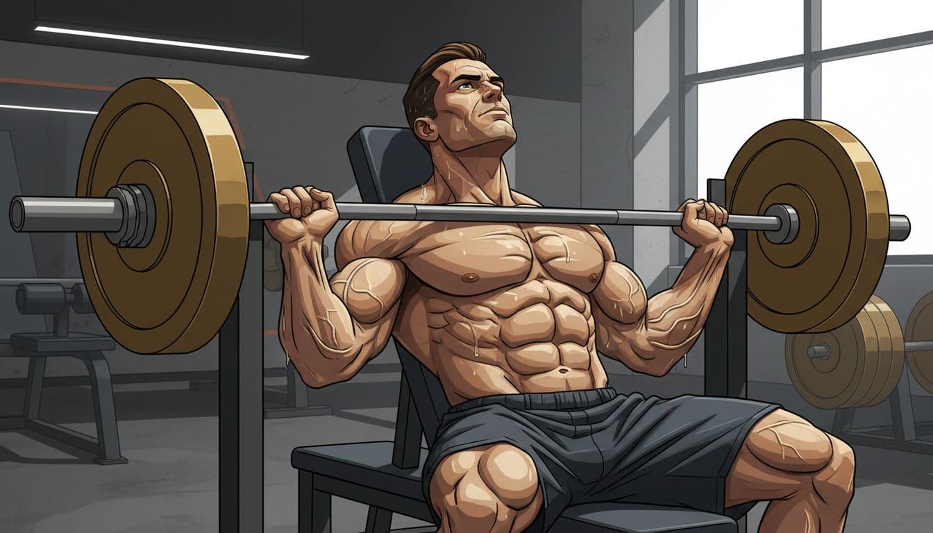 Serious muscular man mid heavy bench press in modern gym with veins popping, sweat dripping, intense focus, good form, and full pump; single athlete, modern illustration style with high-contrast premium coaching look.