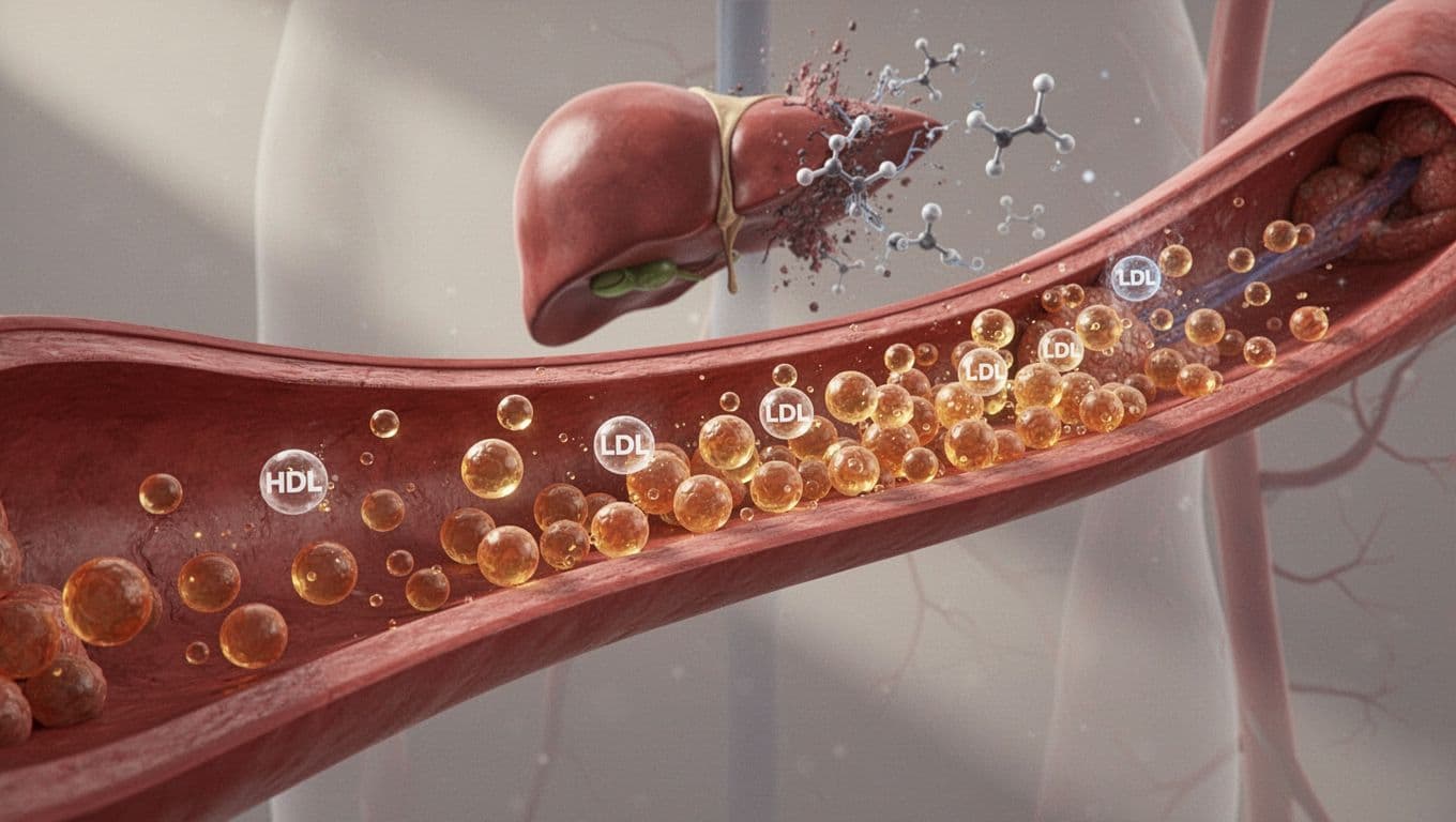 Modern illustration of a bloodstream where low HDL good cholesterol particles fade away, high LDL bad cholesterol particles accumulate near artery walls, and the liver in the background is disrupted by steroid molecules.