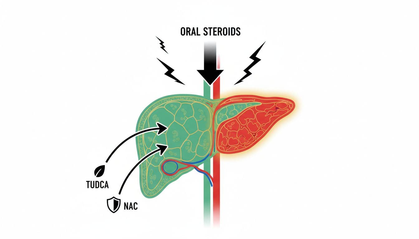Simple graphic illustration of human liver cross-section comparing healthy green side to stressed red inflamed side, with arrows showing oral steroid impact and TUDCA NAC support icons in minimalistic diagram style.