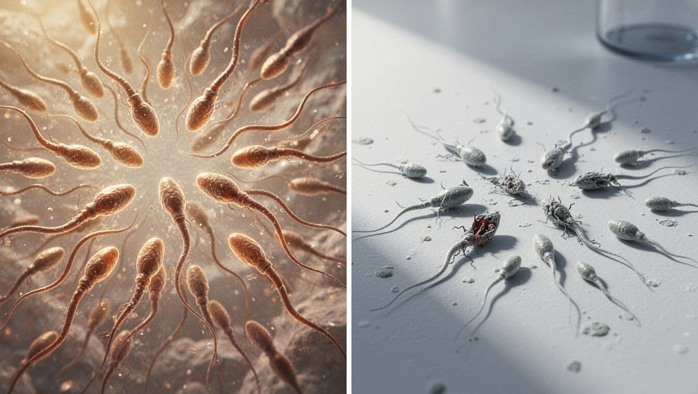 Side-by-side panels under microscope showing vibrant healthy sperm on the left contrasted with sparse, damaged low-count sperm on the right after TRT, in a subtle clean lab background.