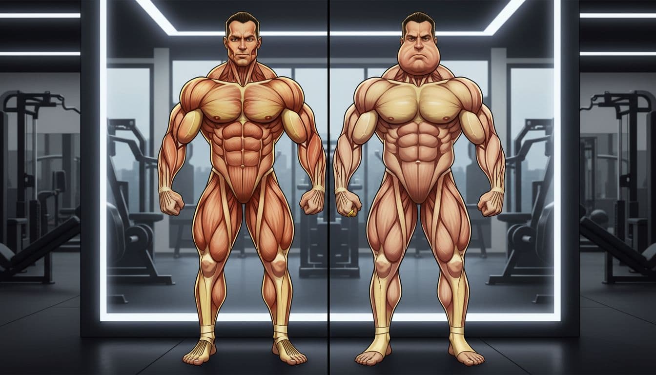 Split-view illustration of a muscular man in his 30s: left half shows healthy fuller vascular muscles with tight skin and glycogen fullness; right half depicts puffy bloated moon face, soft midsection, edema, ankle swelling, and ring tightness in a gym mirror setting.