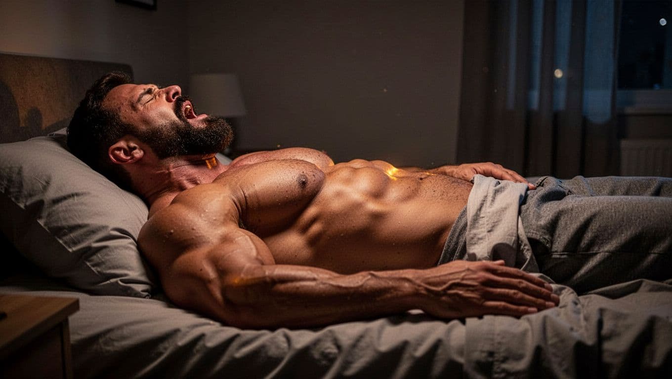 Muscular bodybuilder with thick neck snoring loudly in bed at night, mouth open, chest heaving, in dim lighting. Side view modern illustration showing sleep apnea symptoms.