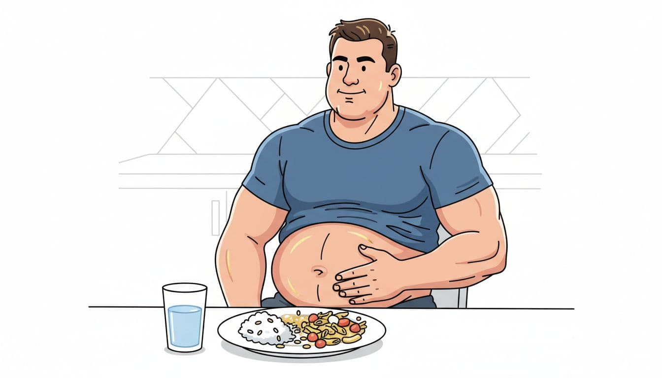 A muscular man in his late 20s sits relaxed at a kitchen table after a high-carb, high-sodium meal, hand on his distended bloated abdomen and puffy face showing water retention.