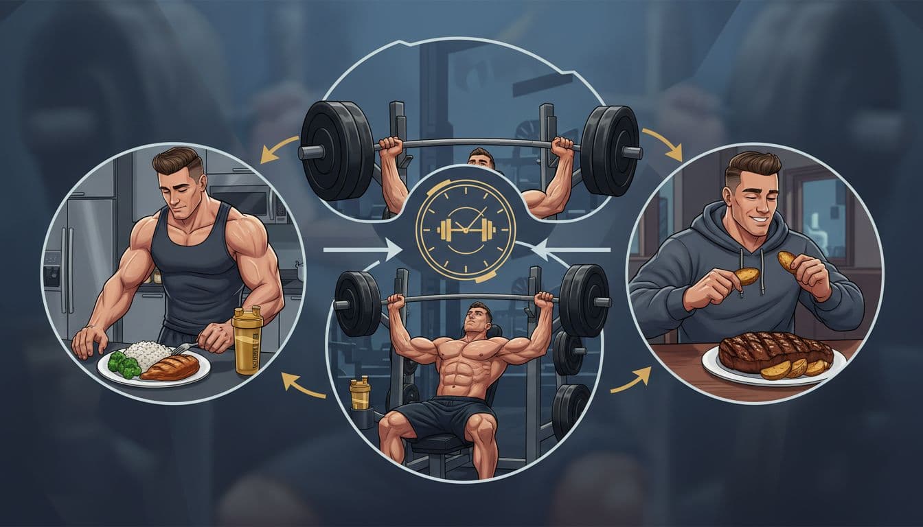Modern illustration of a muscular male lifter in a gym preparing a pre-workout meal of chicken, rice, and veggies, sipping an intra-workout shake during bench press, and eating a post-workout steak with potatoes, connected by timeline arrows around a workout clock.