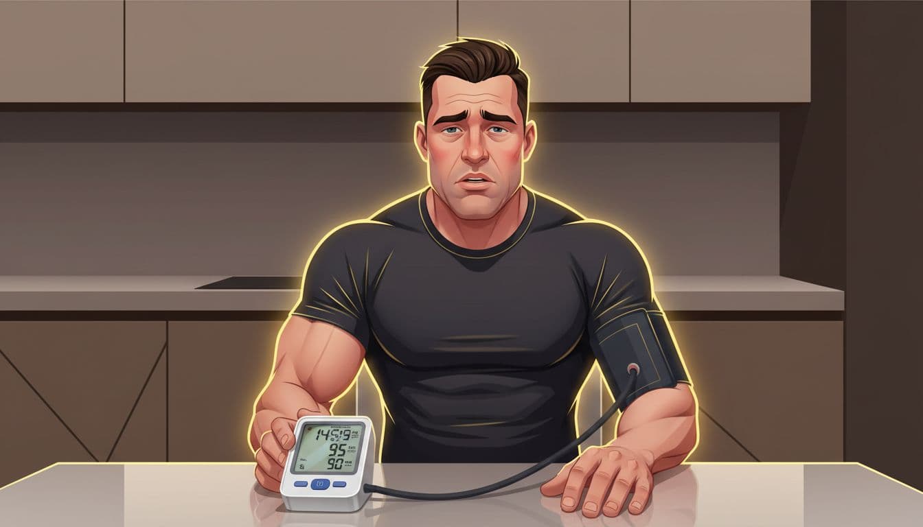 A muscular man in his mid-30s sits at a home kitchen table using an arm cuff blood pressure monitor showing an elevated reading, with visible symptoms of water retention like puffy face, swollen fingers, and shortness of breath expression in a modern high-contrast illustration.