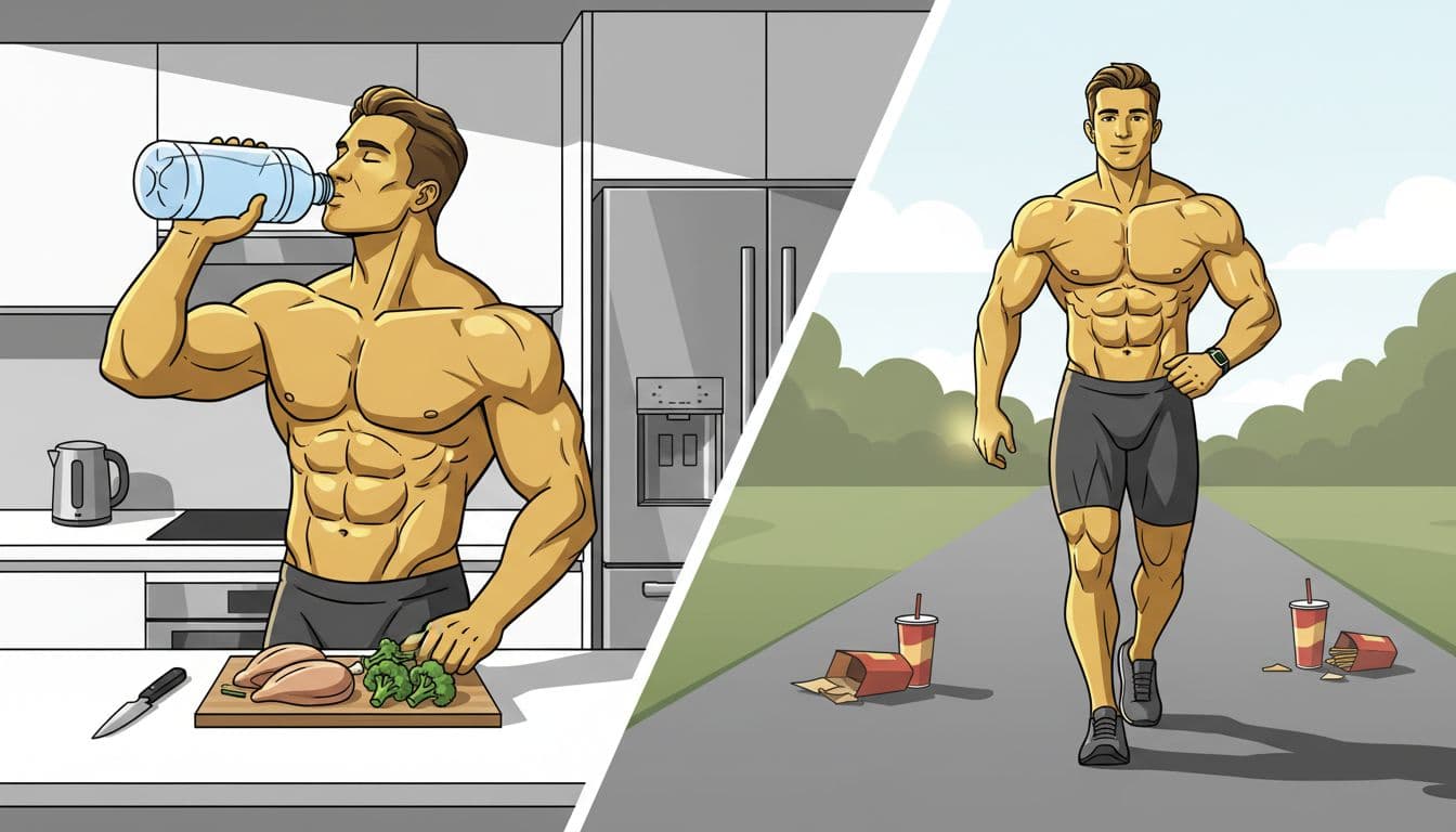Muscular man in late 20s reduces water retention by drinking water, preparing low-sodium meal in kitchen, and brisk walking outdoors with steps tracker.