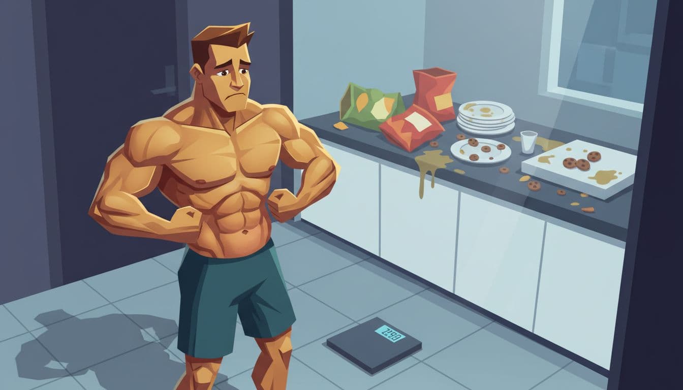 Muscular man gazes disappointedly at his softer midsection in the gym mirror after ending a cut, with a scale indicating sudden weight gain and junk food clutter on the kitchen counter in the background.