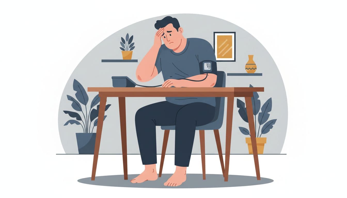 A muscular man in his mid-30s sits at a home table using an arm cuff monitor to check his blood pressure, showing puffy face and slight ankle swelling with a concerned, determined expression.