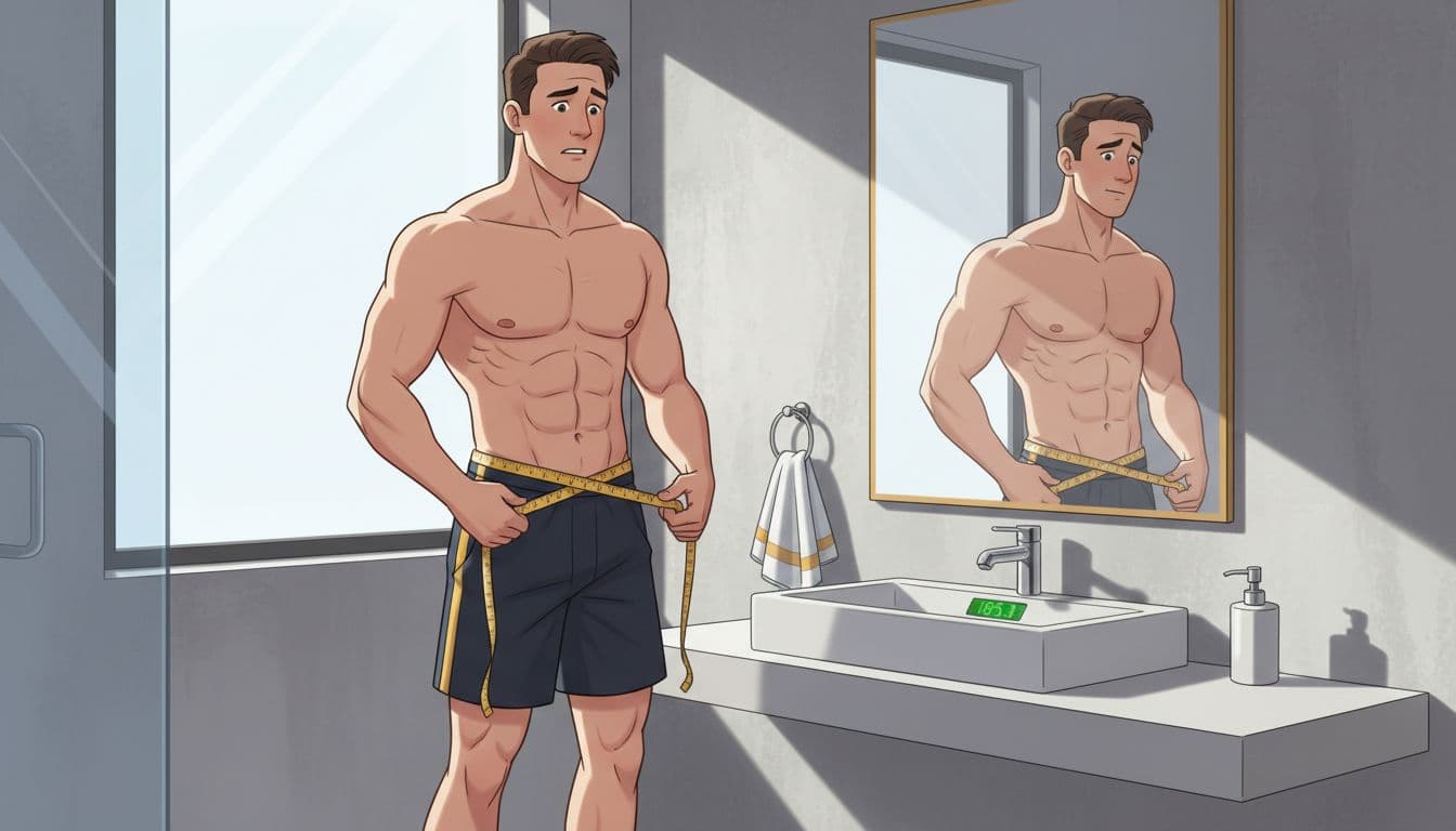 A muscular man in his late 20s performs his morning bathroom routine, stepping on a digital scale showing a weight increase while measuring his waist with a tape measure, with the mirror reflecting puffy versus lean waist to distinguish water retention from muscle.