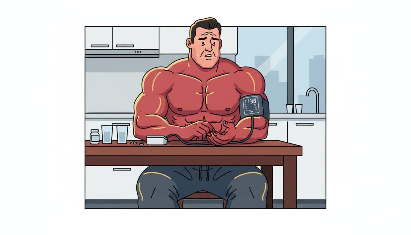 Muscular man in mid-30s with puffy face, swollen legs and ankles, concerned expression, using home blood pressure cuff at kitchen table in modern high-contrast illustration with gold muscle accents.