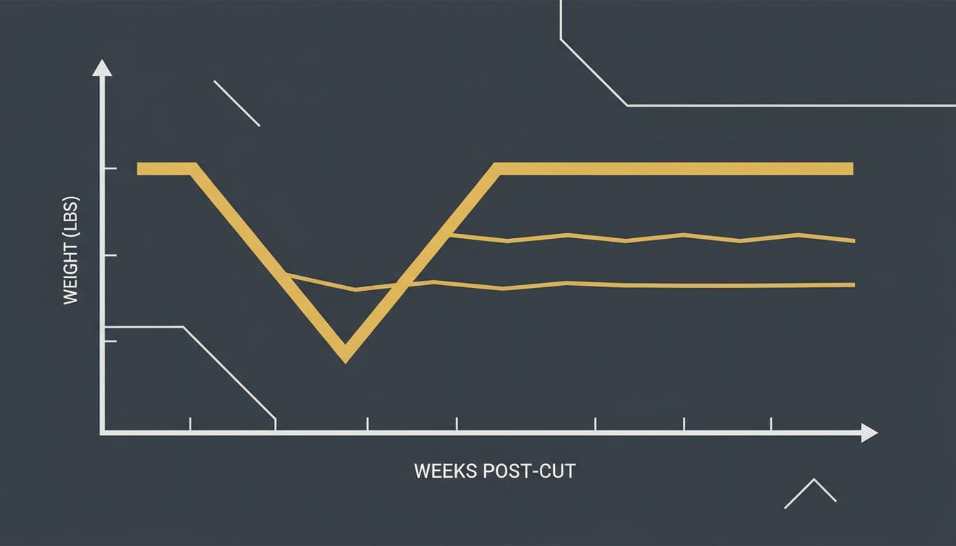 Clean line graph showing body weight trends after a cut: sharp drop during deficit, 2-4 lb refill jump first two weeks at maintenance, then stable weekly averages over 4 weeks.