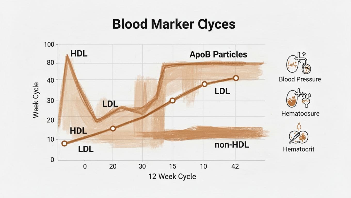 Clean modern illustration graphic of bloodwork trend chart showing HDL dropping sharply, LDL rising, high ApoB particles, elevated non-HDL over 12-week steroid cycle, with abstract icons for rising blood pressure and hematocrit.