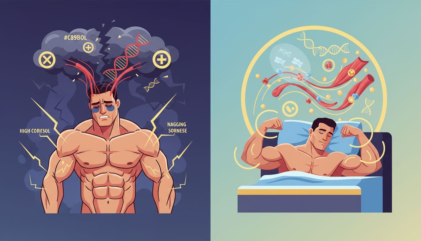 Modern high-contrast split-scene illustration: left side shows stressed muscular man with cortisol cloud breaking down muscle fibers and poor sleep indicators; right side depicts relaxed lifter with low stress building muscle strength, accented in #C89B3C.